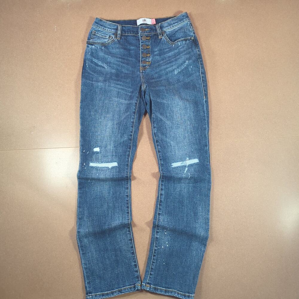 CAbi Jeans Size 6 Straight Leg Button Fly Distressed Medium Wash Denim